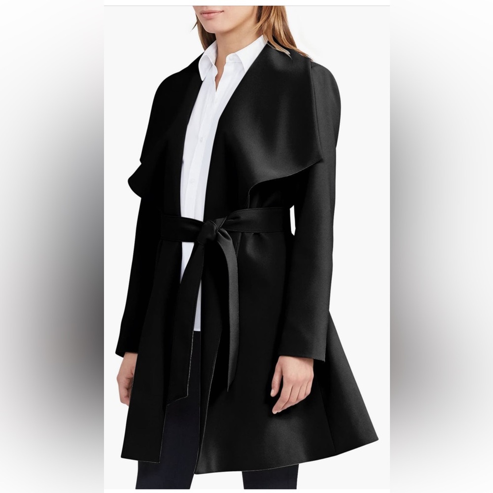 Elegant Black Women's Coat Lauren Ralph Lauren Crepe Belted Drape Front Jacket